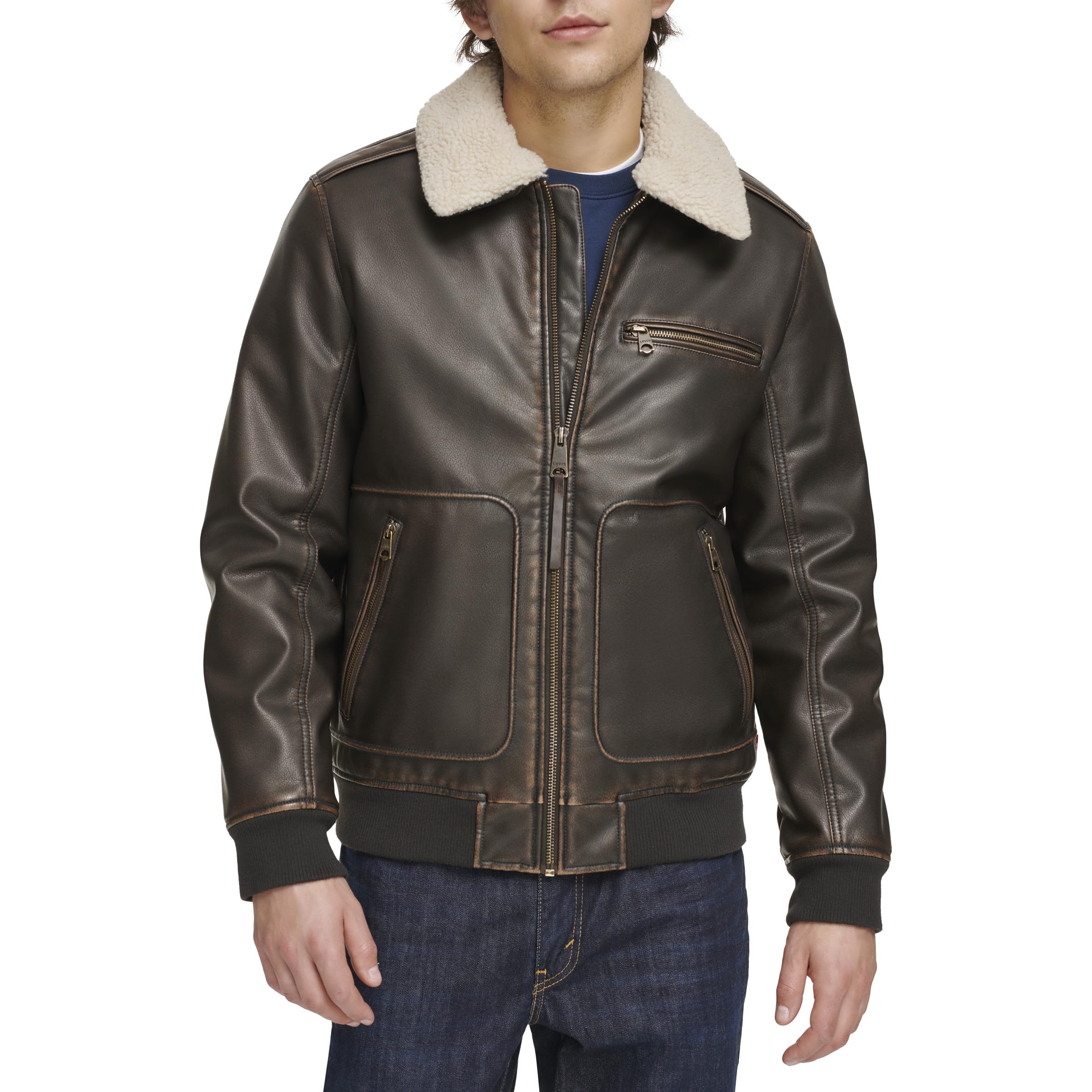 Levi's mens Levi's Men's Faux Leather Aviator Bomber Jacket With Sherpa Collar