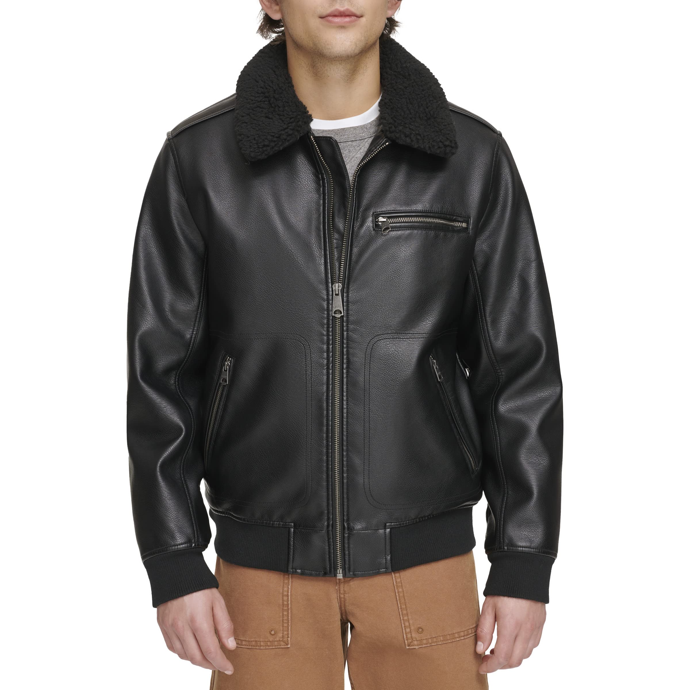 Levi's mens Levi's Men's Faux Leather Aviator Bomber Jacket With Sherpa Collar
