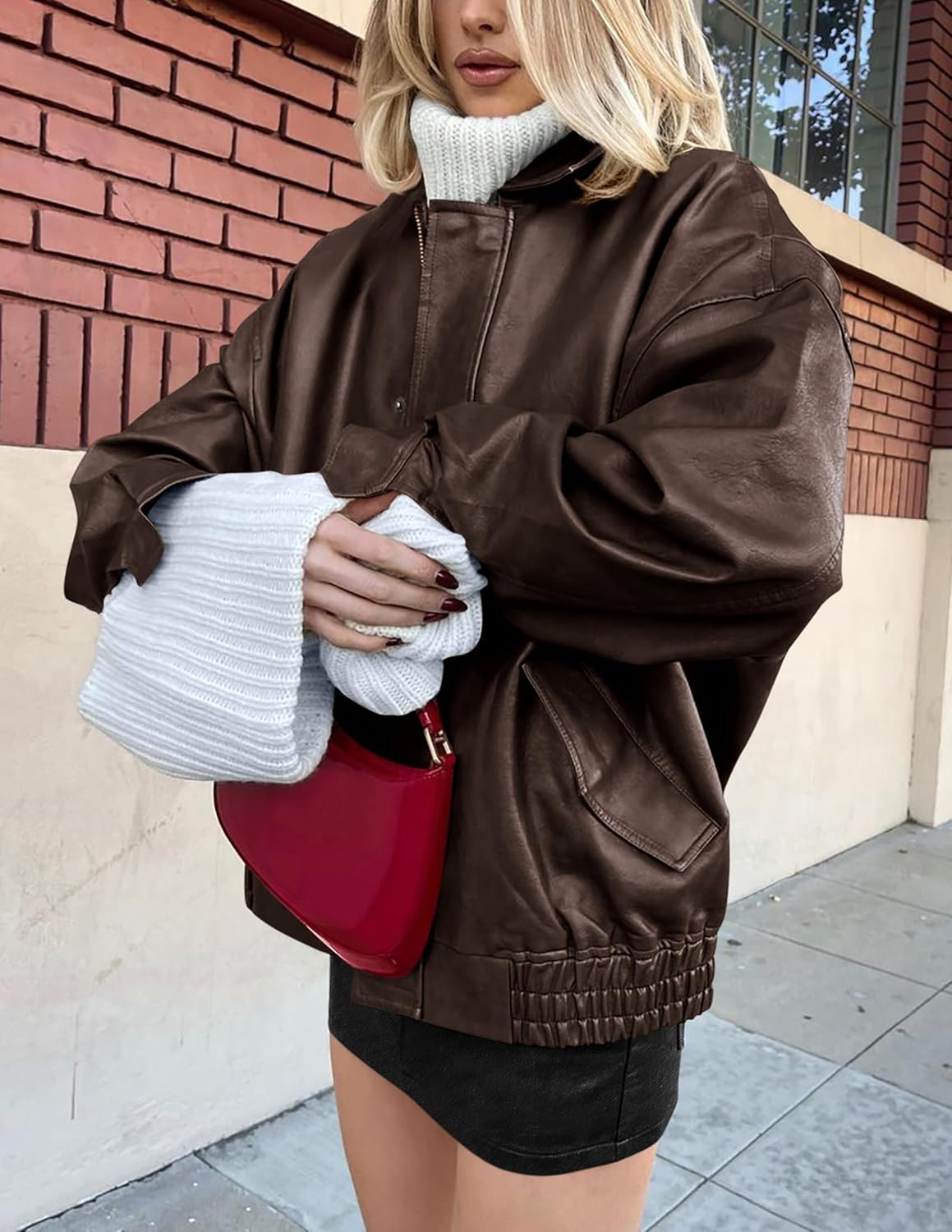 PRETTYGARDEN Women's Faux Leather Motorcycle Jacket Trendy Fall Spring Clothes Oversized Zip Up Winter Coat Outerwear