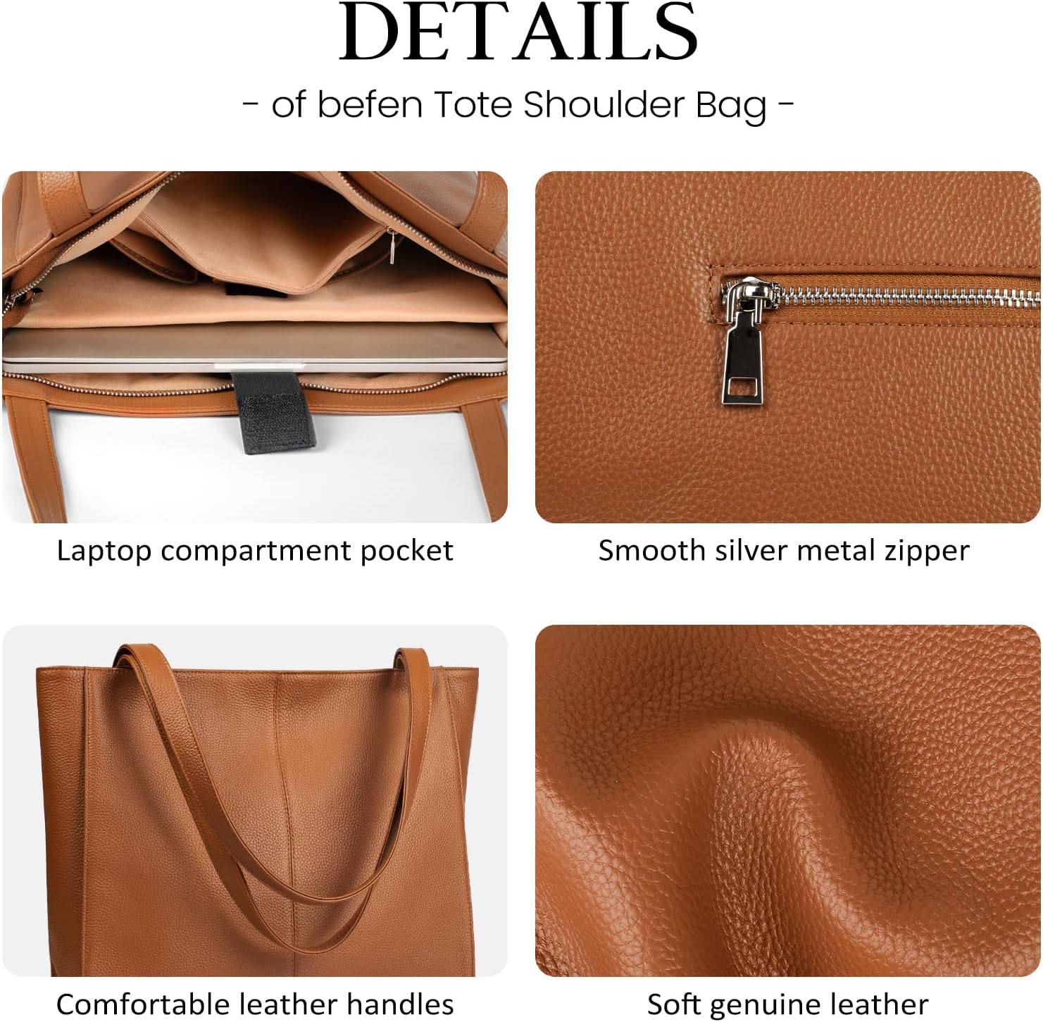 befen Genuine Leather Tote Bag for Women Work, Women's Leather Shoulder Bags Purses Satchel Handbags with Laptop Compartment