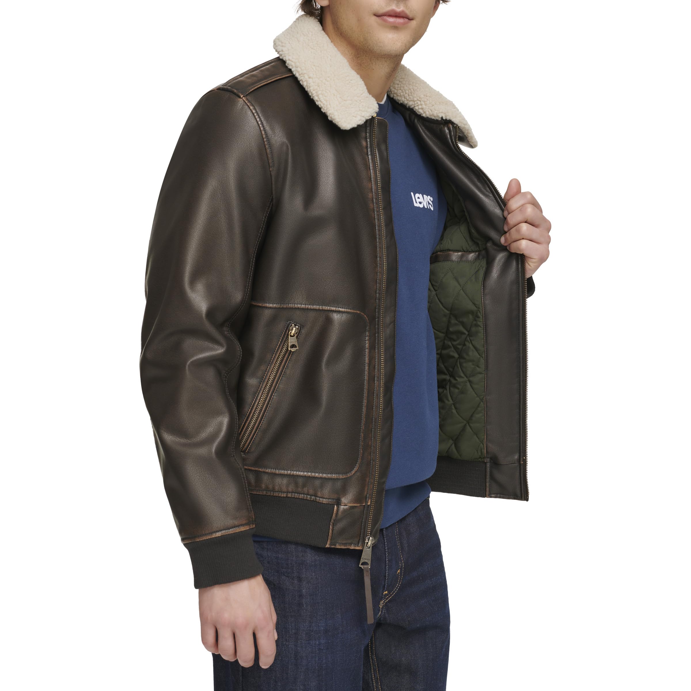 Levi's mens Levi's Men's Faux Leather Aviator Bomber Jacket With Sherpa Collar