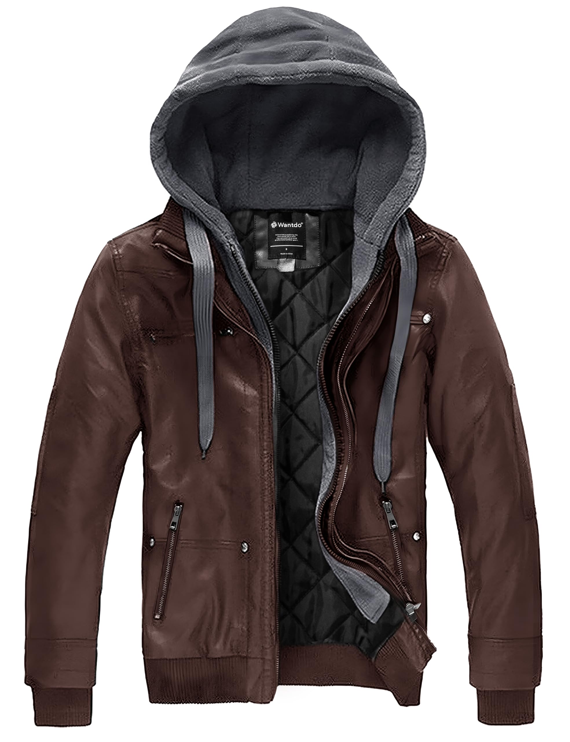 wantdo Men's Faux Leather Jacket with Removable Hood Motorcycle Jacket Casual Warm Winter Coat