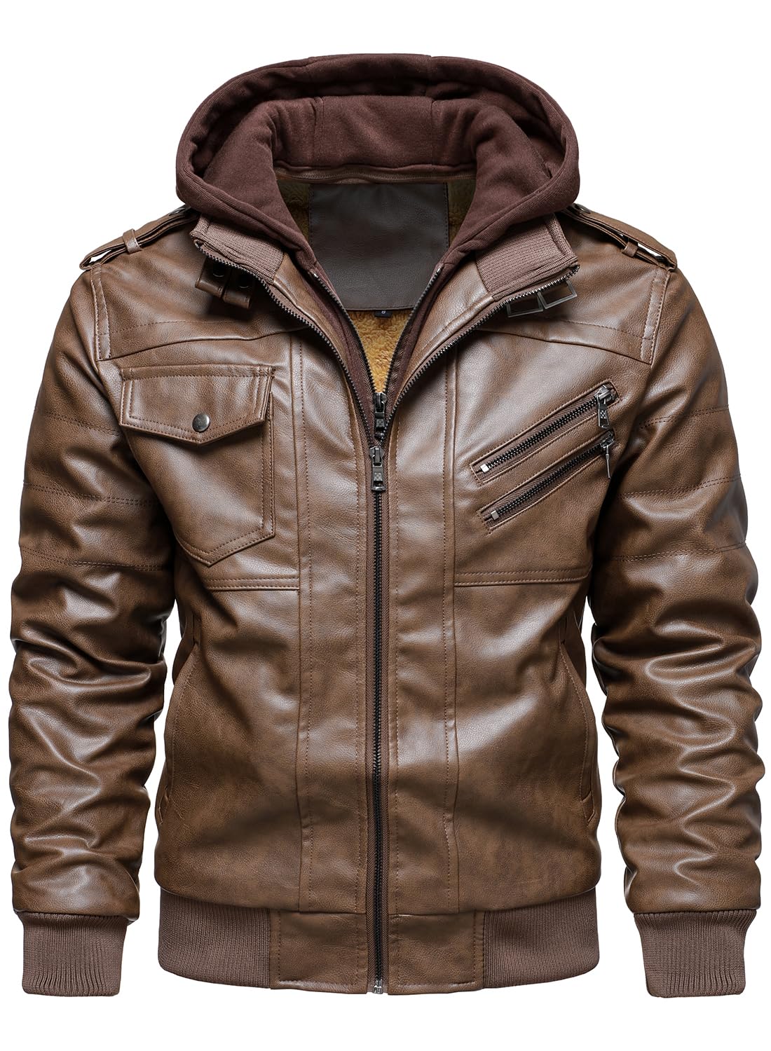 HOOD CREW Men’s Casual Stand Collar PU Faux Leather Zip-Up Motorcycle Bomber Jacket With a Removable Hood