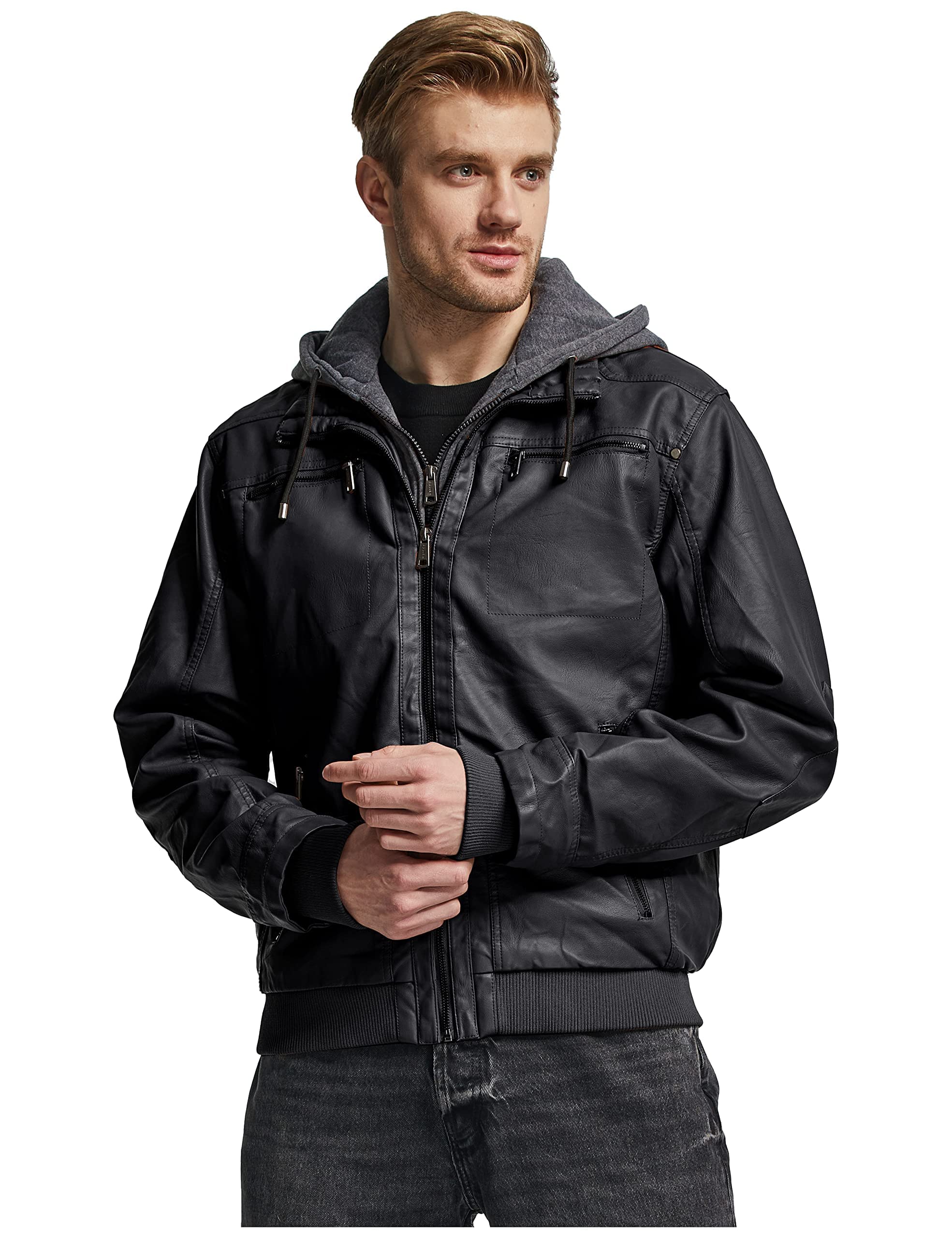 wantdo Men's Faux Leather Jacket with Removable Hood Motorcycle Jacket Casual Warm Winter Coat