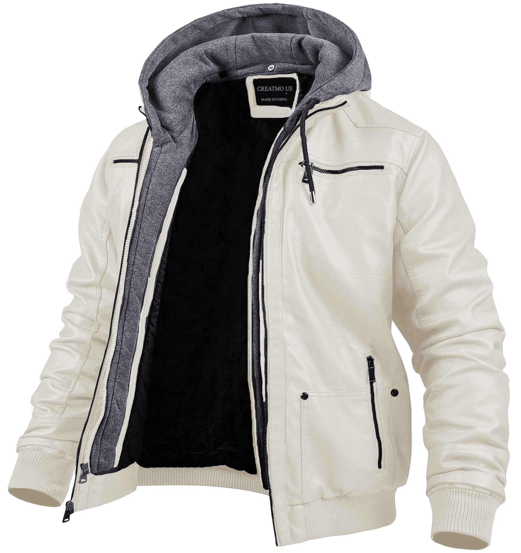 CREATMO US Men's Faux Leather Jacket Motorcycle Jacket Waterproof Windproof PU Moto Vintage Bomber Hoodie with Removable Hood