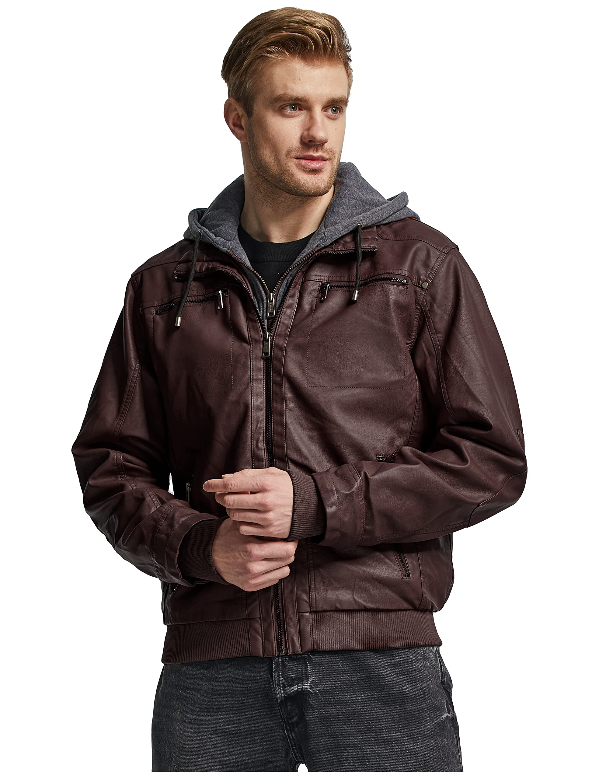 wantdo Men's Faux Leather Jacket with Removable Hood Motorcycle Jacket Casual Warm Winter Coat