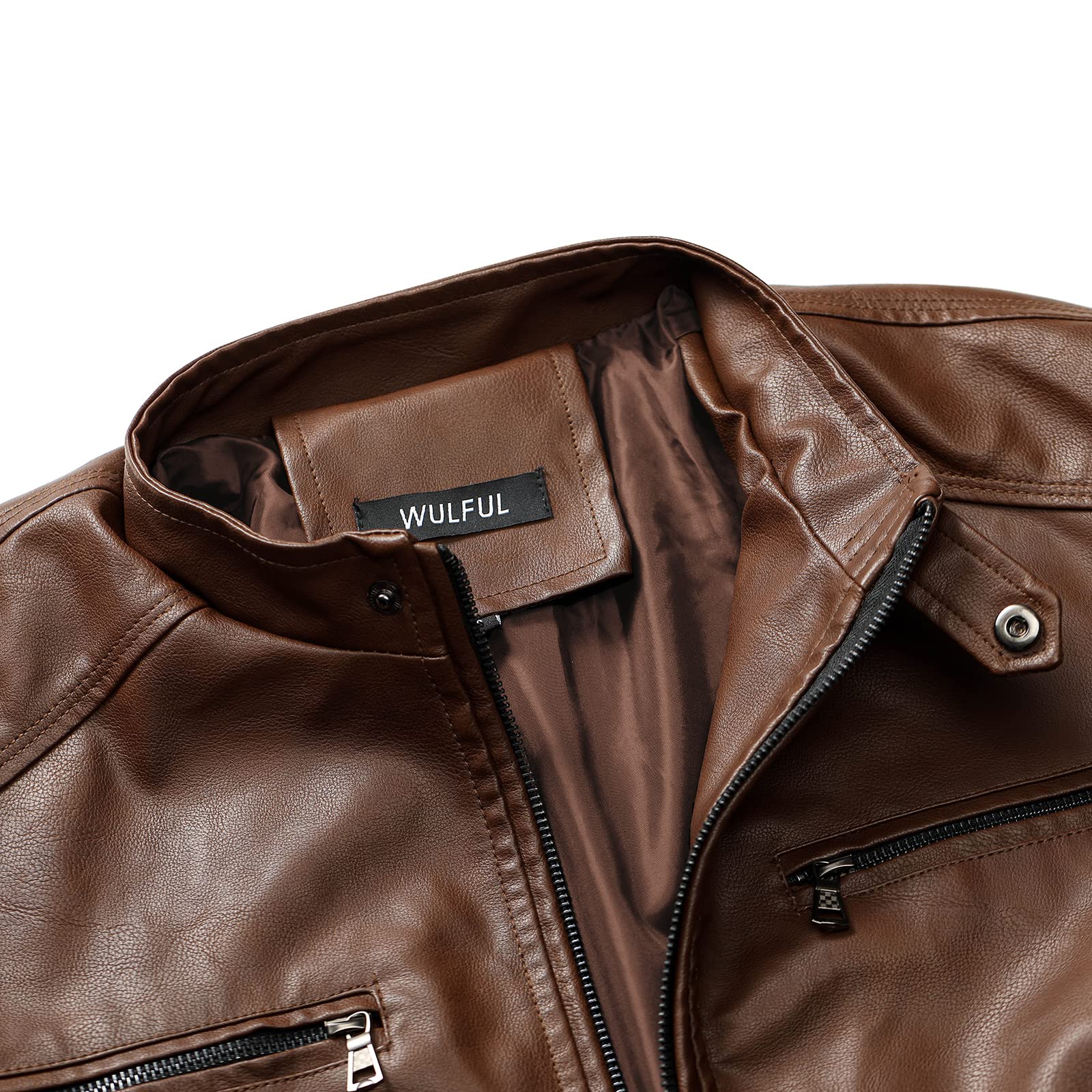 WULFUL Men's Stand Collar Leather Jacket Motorcycle Lightweight Faux Leather Outwear