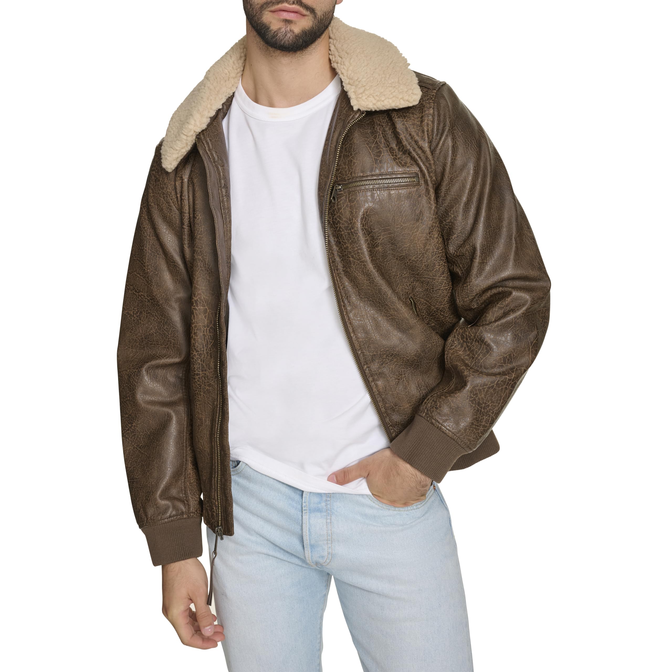 Levi's mens Levi's Men's Faux Leather Aviator Bomber Jacket With Sherpa Collar