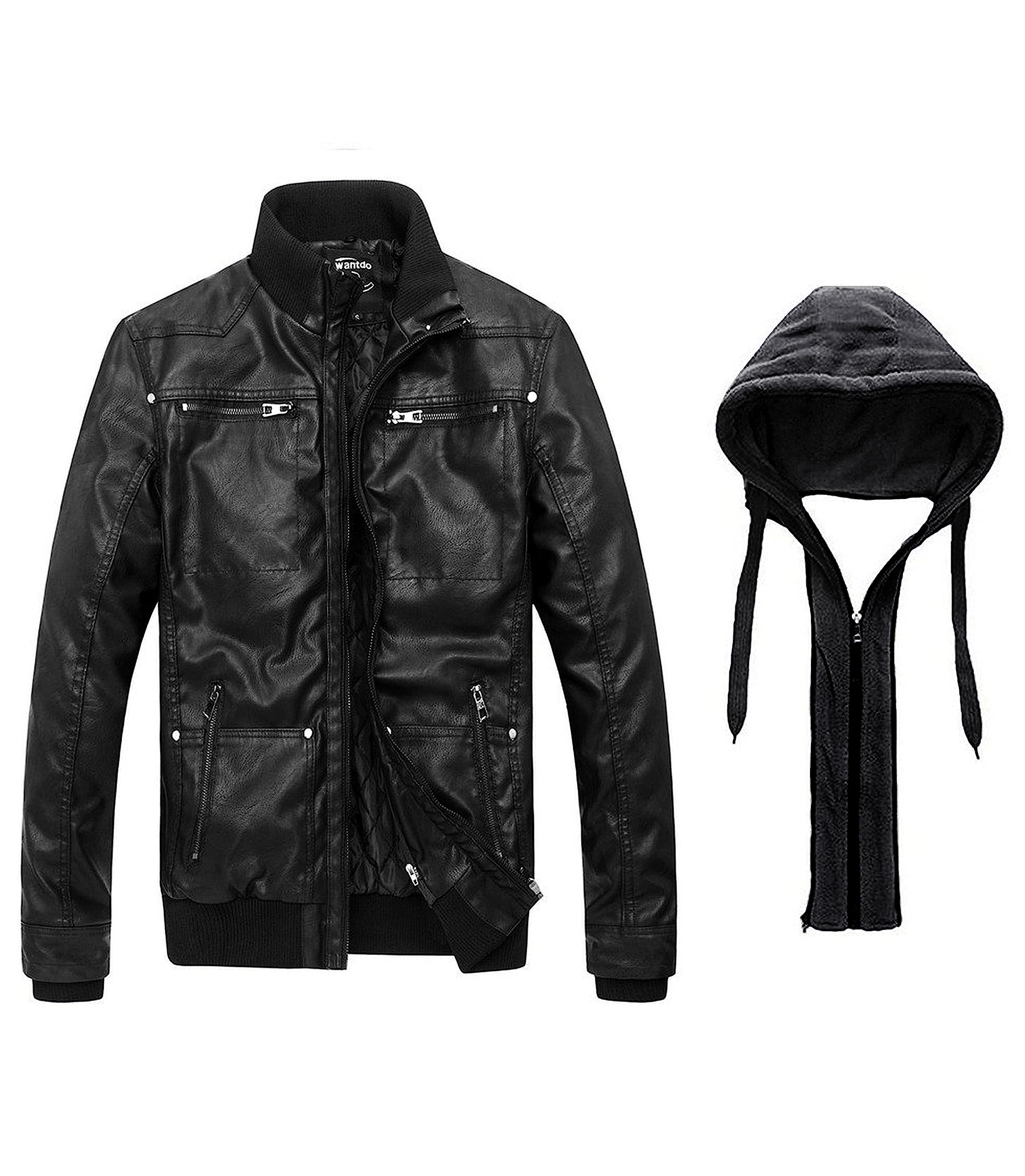 wantdo Men's Faux Leather Jacket with Removable Hood Motorcycle Jacket Casual Warm Winter Coat