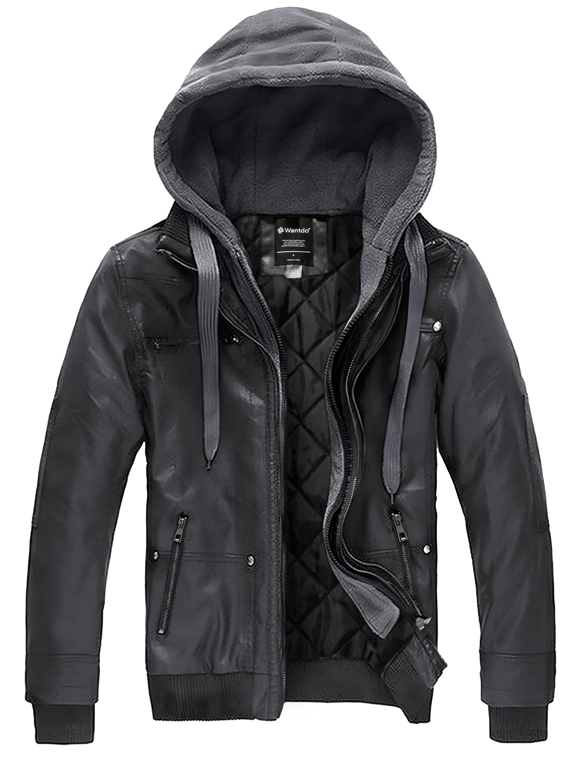 wantdo Men's Faux Leather Jacket with Removable Hood Motorcycle Jacket Casual Warm Winter Coat