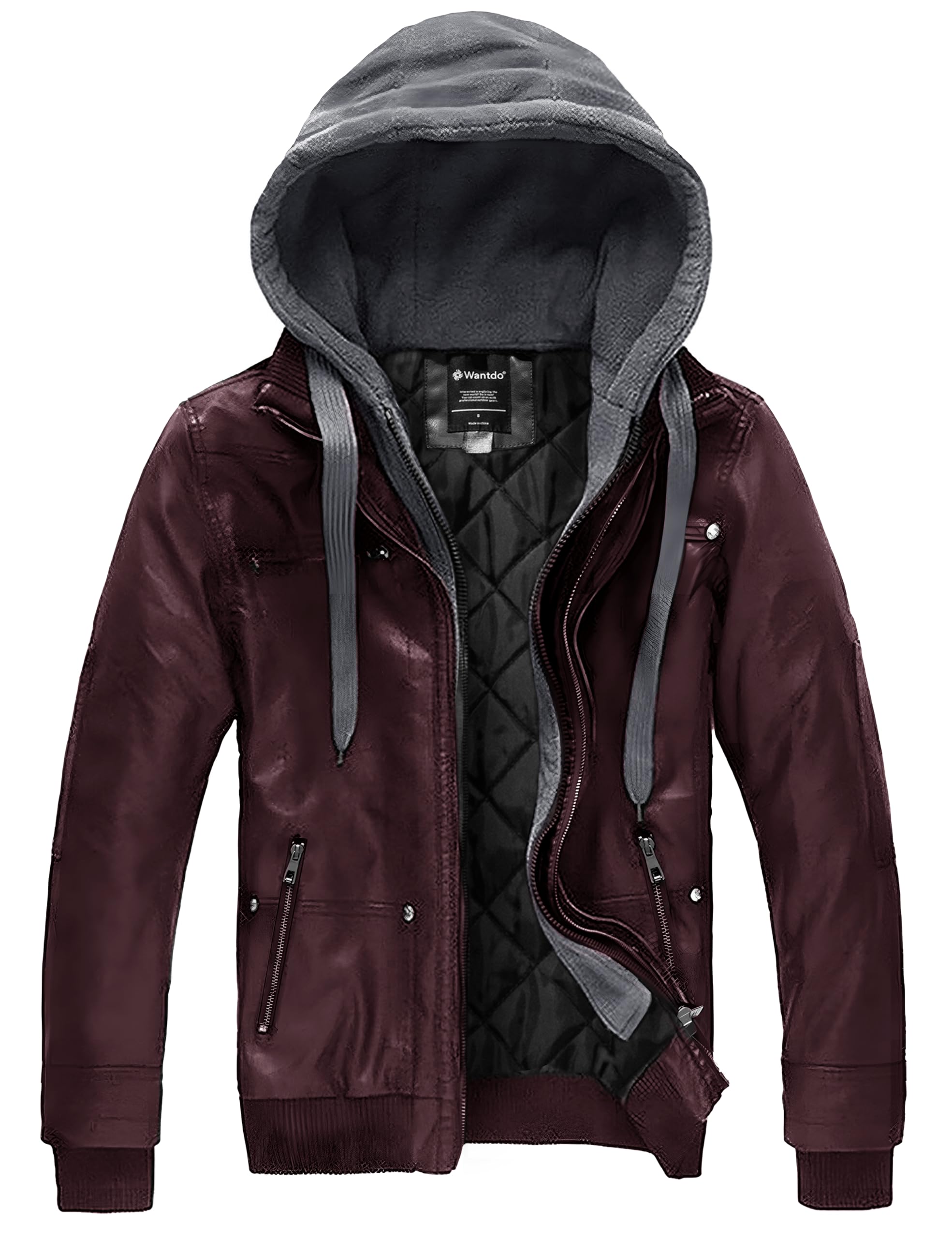 wantdo Men's Faux Leather Jacket with Removable Hood Motorcycle Jacket Casual Warm Winter Coat