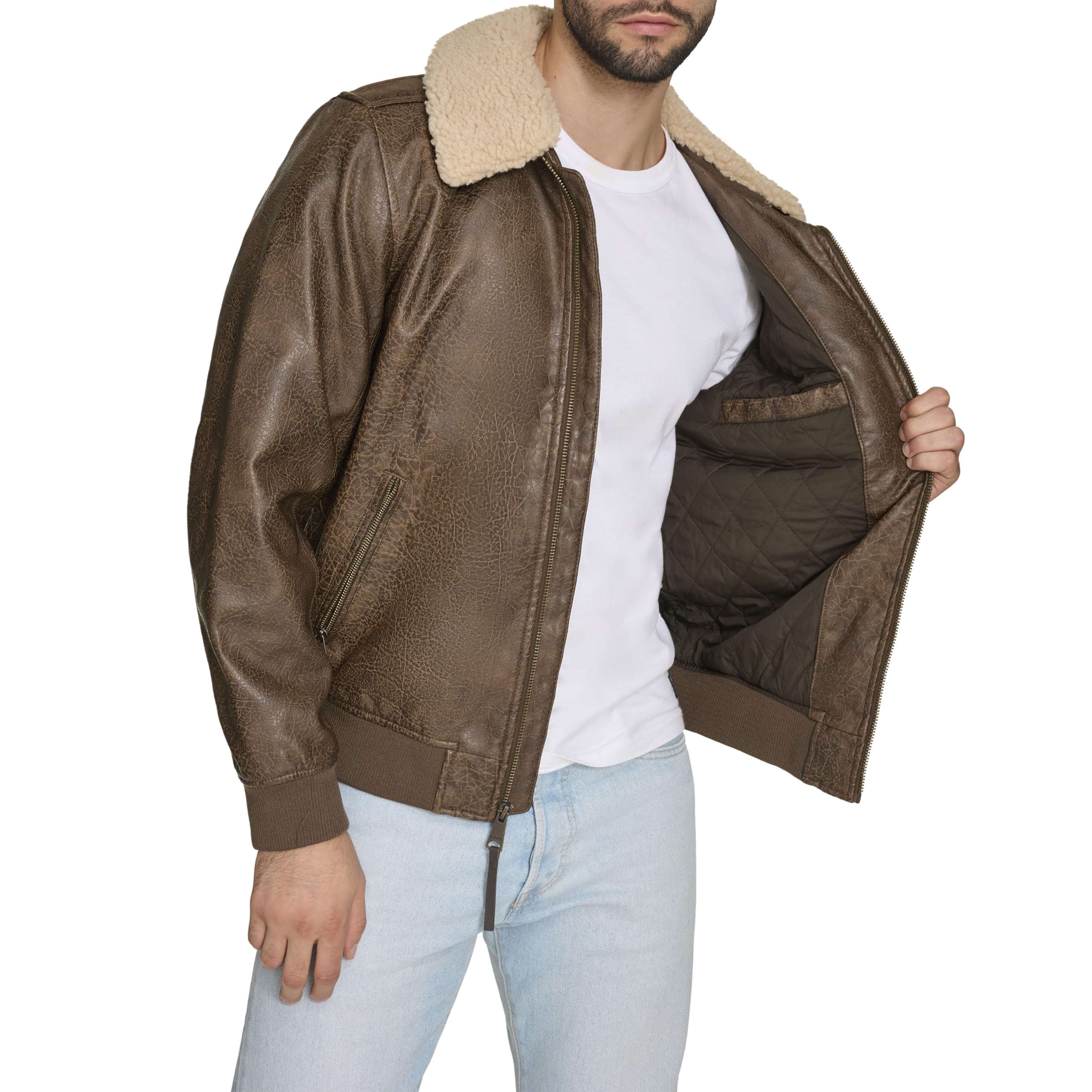 Levi's mens Levi's Men's Faux Leather Aviator Bomber Jacket With Sherpa Collar