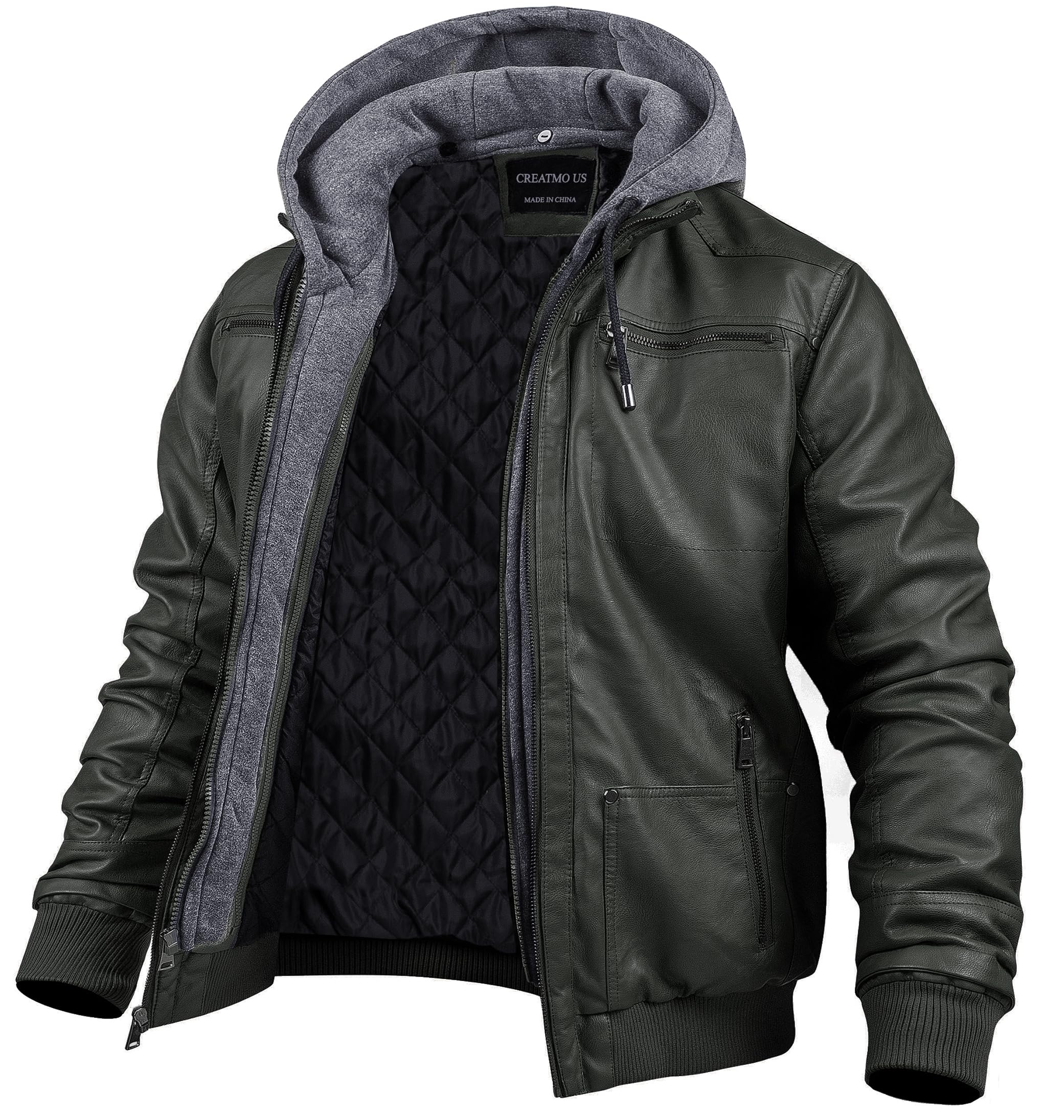 CREATMO US Men's Faux Leather Jacket Motorcycle Jacket Waterproof Windproof PU Moto Vintage Bomber Hoodie with Removable Hood