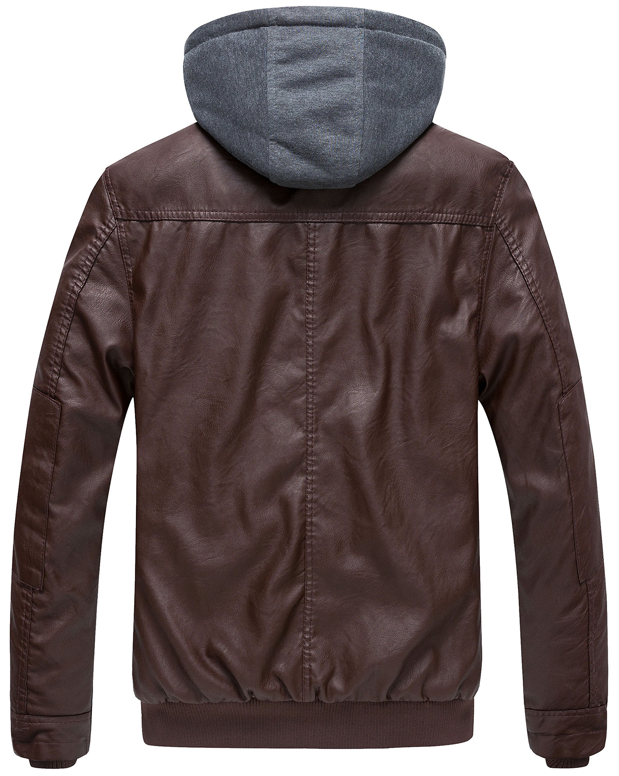 wantdo Men's Faux Leather Jacket with Removable Hood Motorcycle Jacket Casual Warm Winter Coat