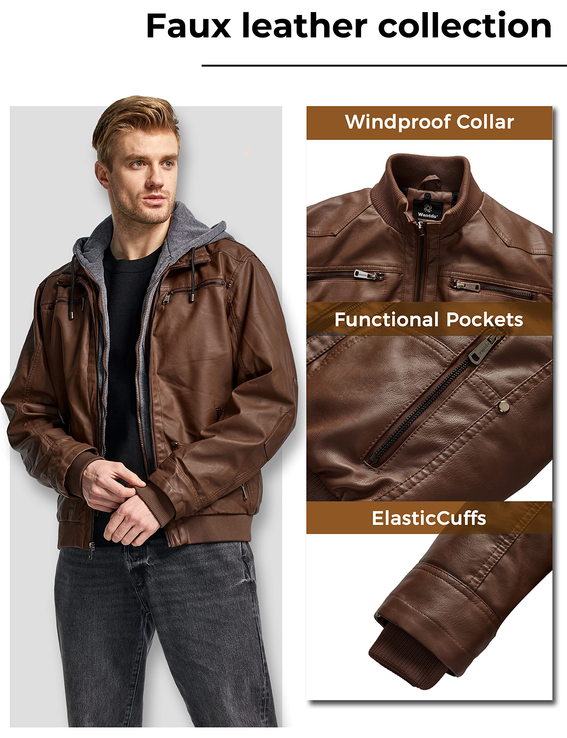 wantdo Men's Faux Leather Jacket with Removable Hood Motorcycle Jacket Casual Warm Winter Coat