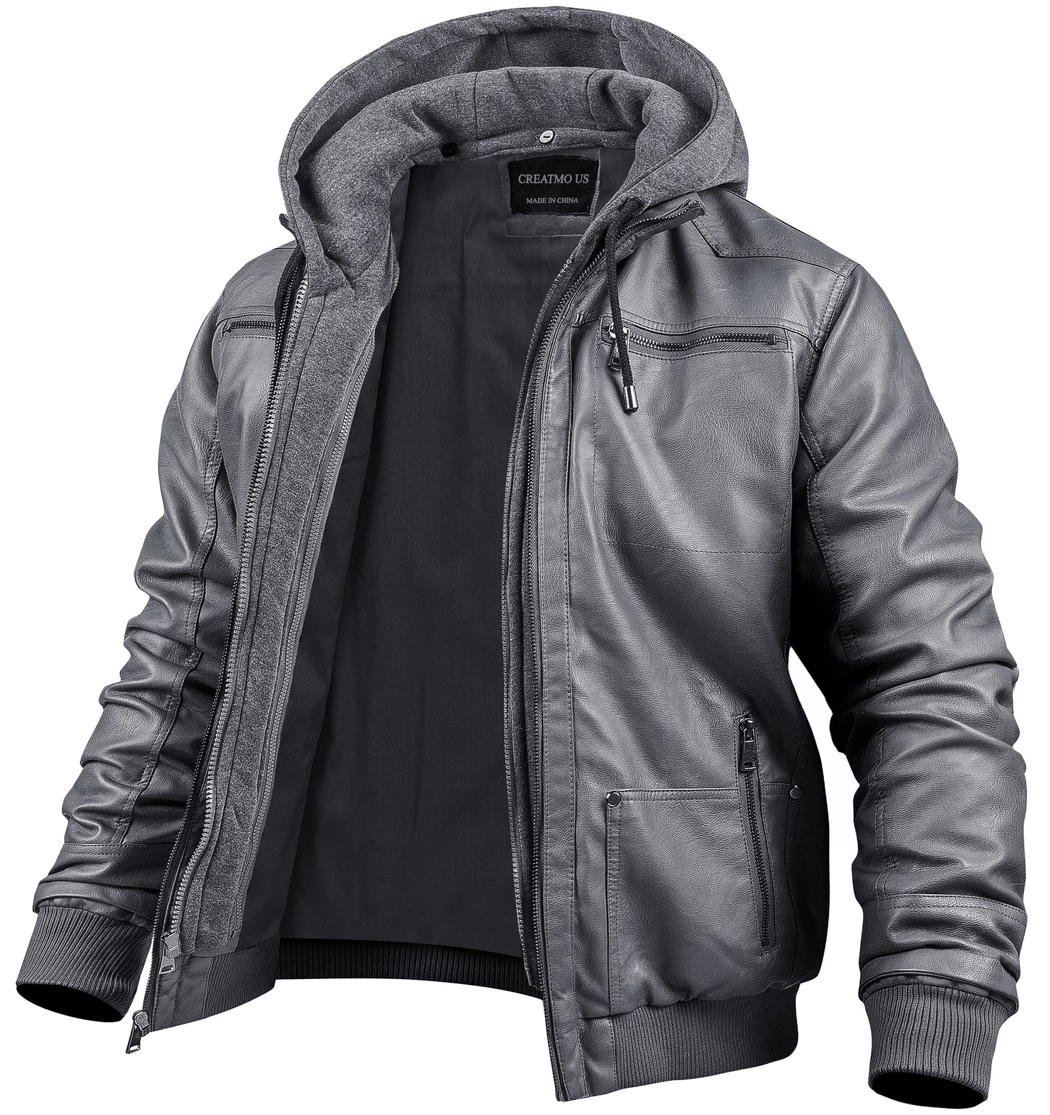 CREATMO US Men's Faux Leather Jacket Motorcycle Jacket Waterproof Windproof PU Moto Vintage Bomber Hoodie with Removable Hood