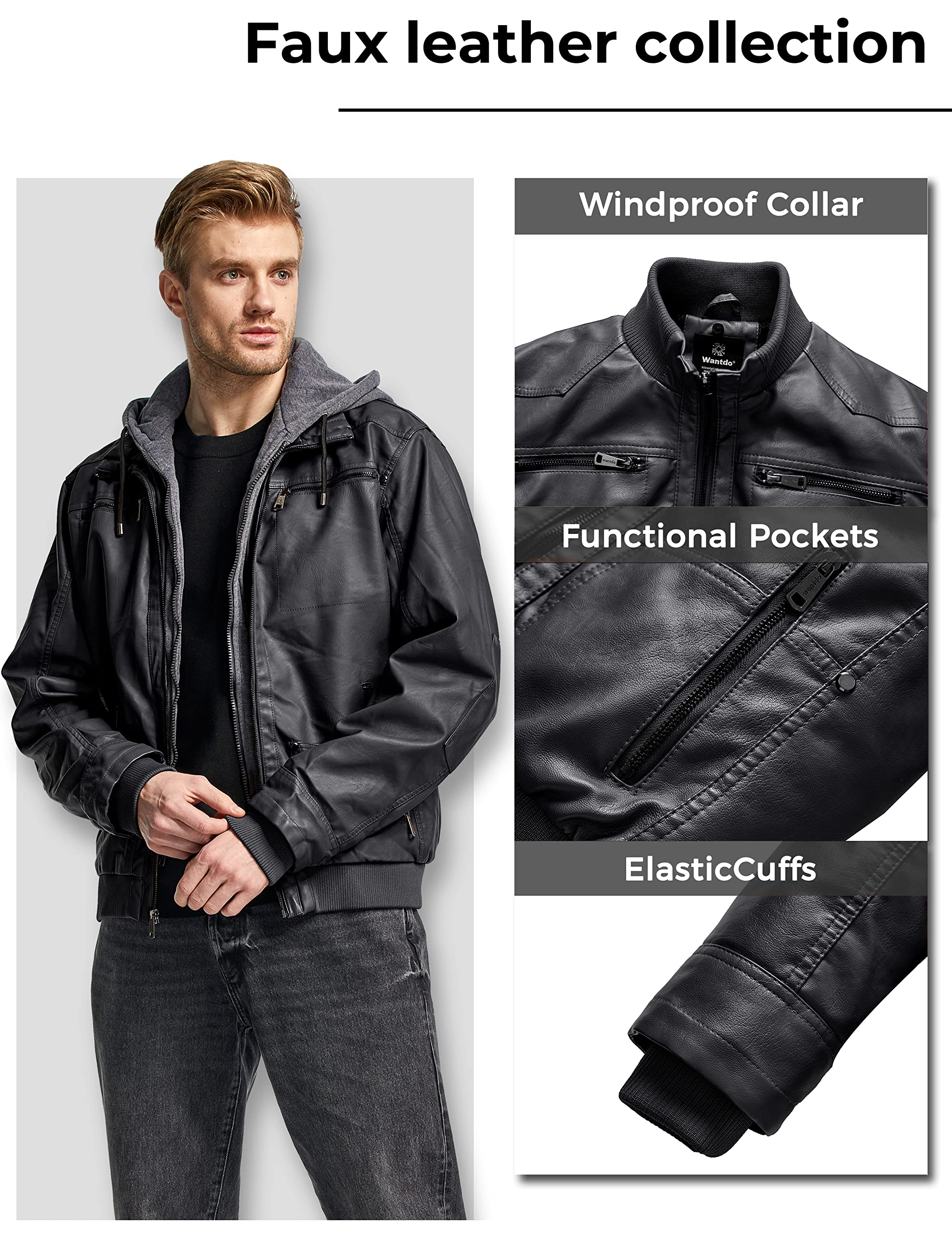wantdo Men's Faux Leather Jacket with Removable Hood Motorcycle Jacket Casual Warm Winter Coat