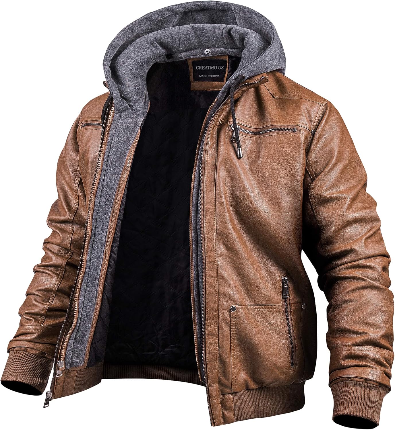 CREATMO US Men's Faux Leather Jacket Motorcycle Jacket Waterproof Windproof PU Moto Vintage Bomber Hoodie with Removable Hood