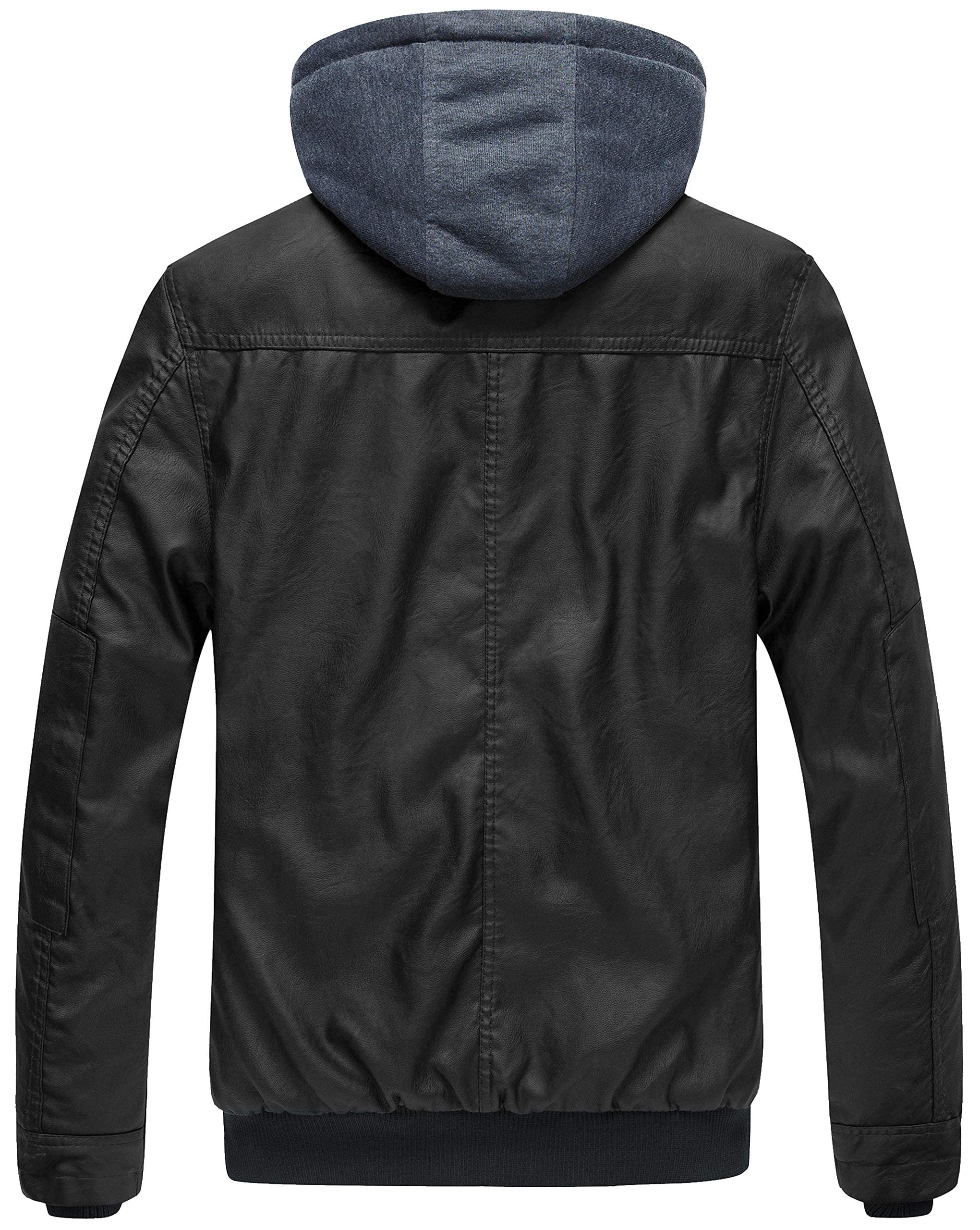 wantdo Men's Faux Leather Jacket with Removable Hood Motorcycle Jacket Casual Warm Winter Coat