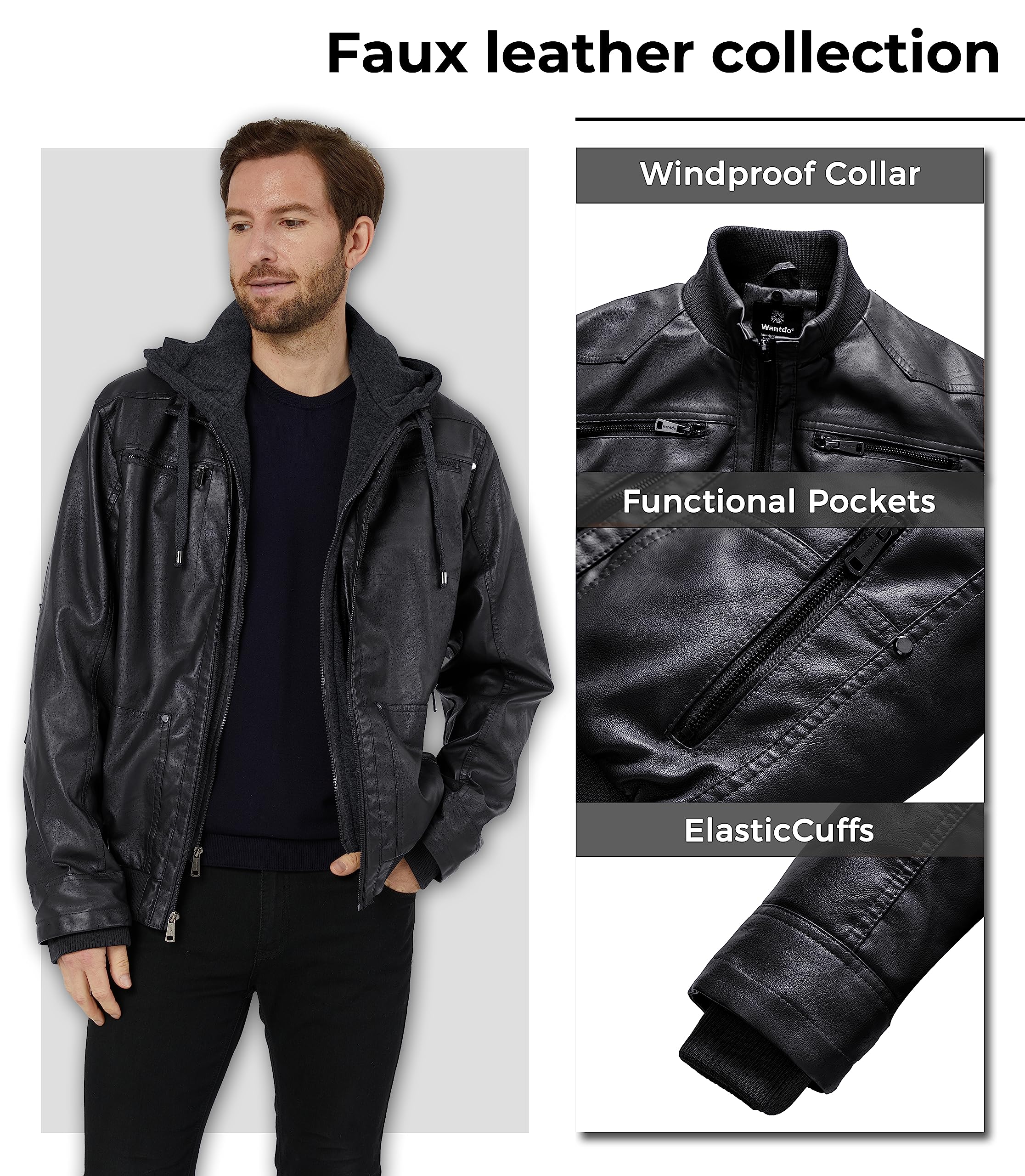 wantdo Men's Faux Leather Jacket with Removable Hood Motorcycle Jacket Casual Warm Winter Coat