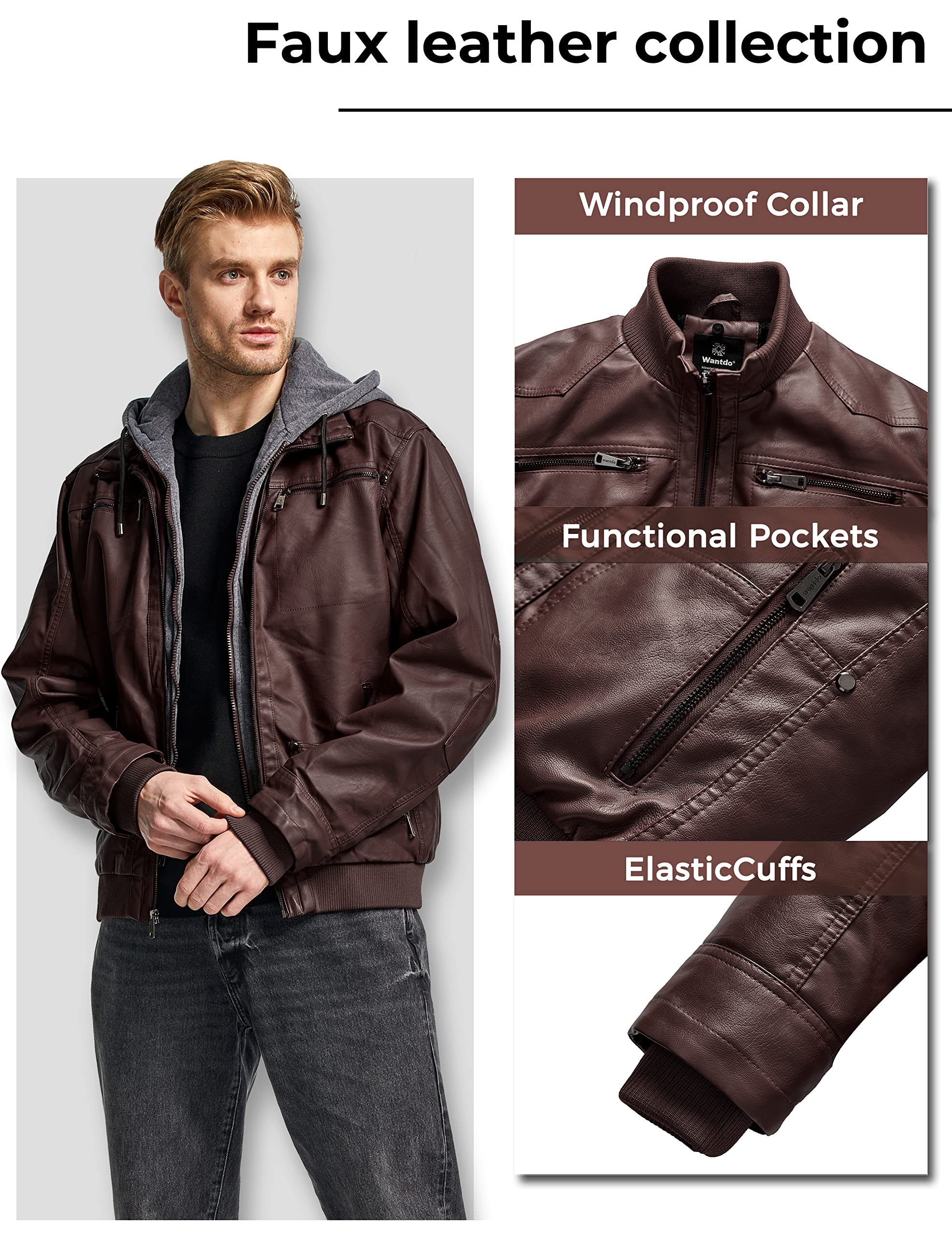 wantdo Men's Faux Leather Jacket with Removable Hood Motorcycle Jacket Casual Warm Winter Coat