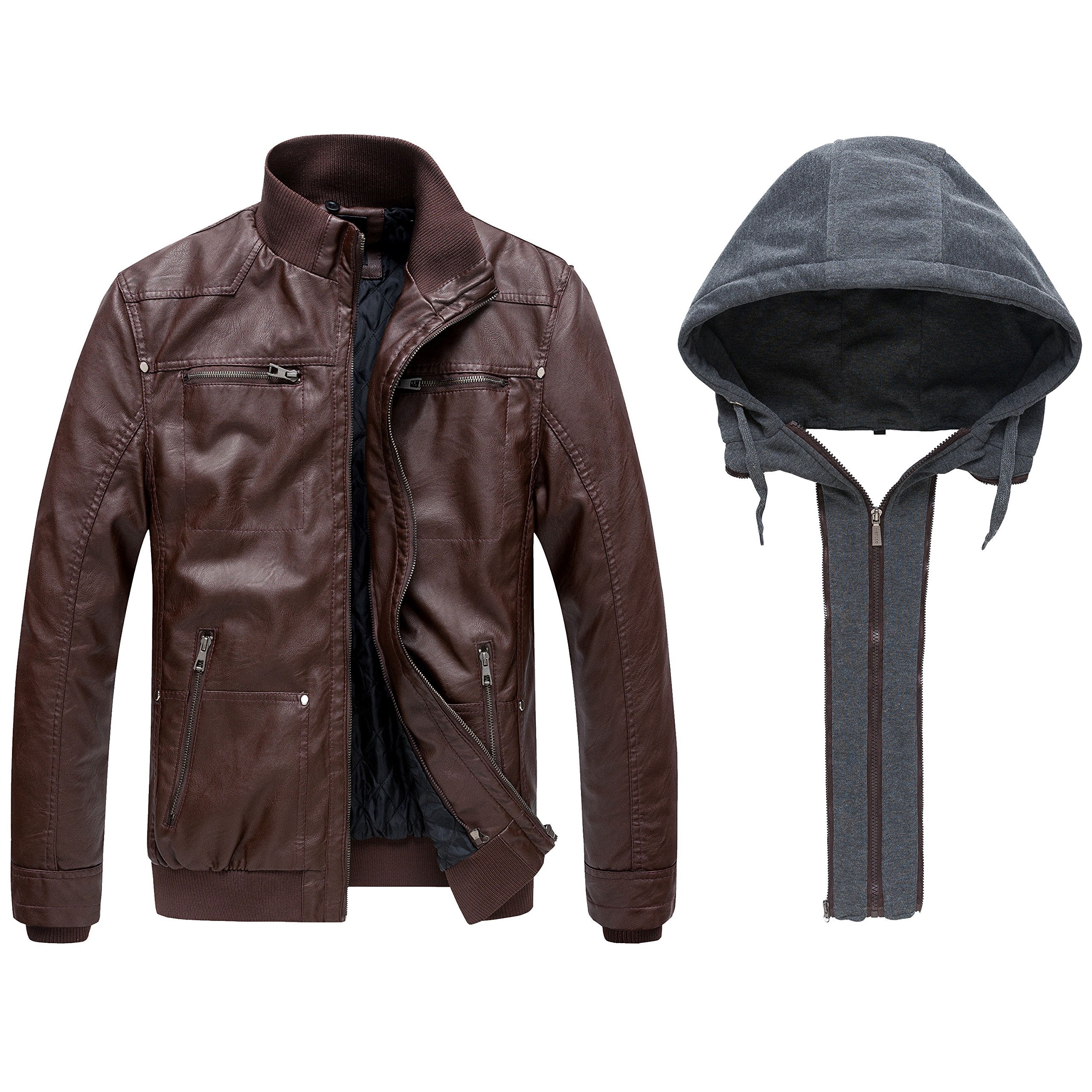 wantdo Men's Faux Leather Jacket with Removable Hood Motorcycle Jacket Casual Warm Winter Coat